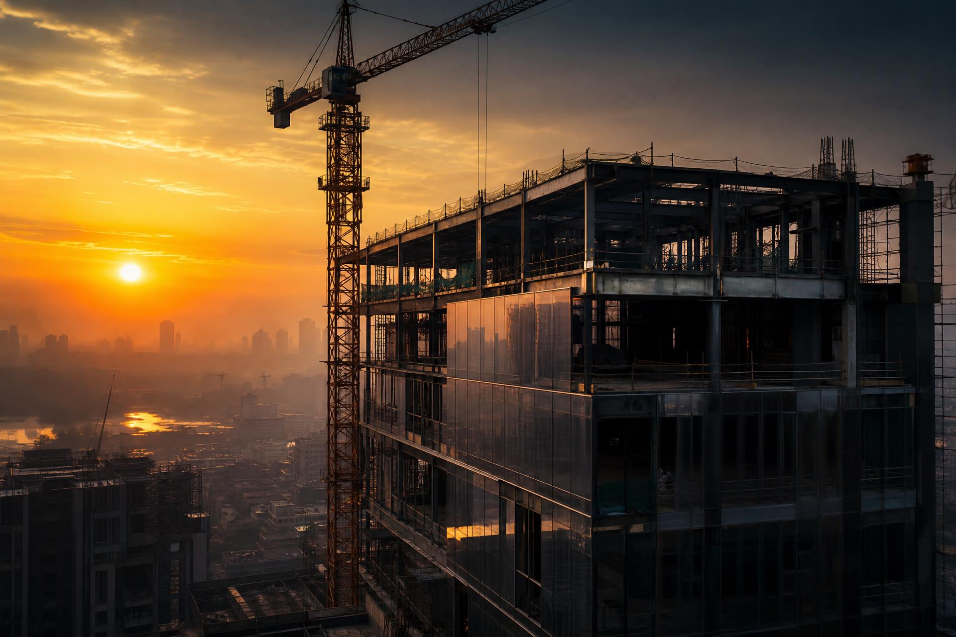 Luxury high-rise construction site at golden hour
